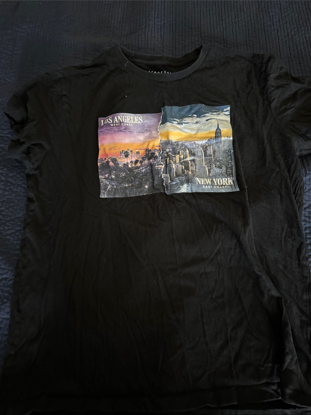 Black Graphic Men’s T‑Shirt with Los Angeles & New York Panels